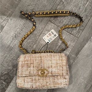 Chic CC Tweed Crossbody Bag - Cream and Gold